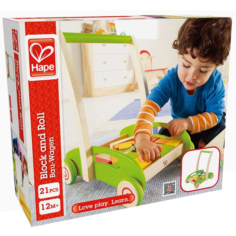 Block and Roll Cart Toddler Wooden Push and Pull Toy