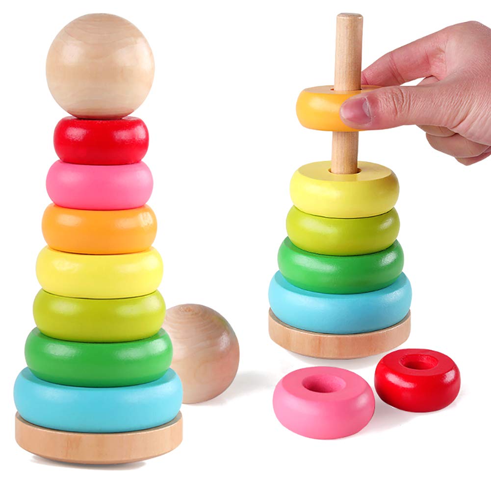 GEMEM Stacking Rings Toy Wooden Rainbow Stacker Toddler Learning Toys for 18 Months 2 Year Old Baby Boys Girls Non-Toxic