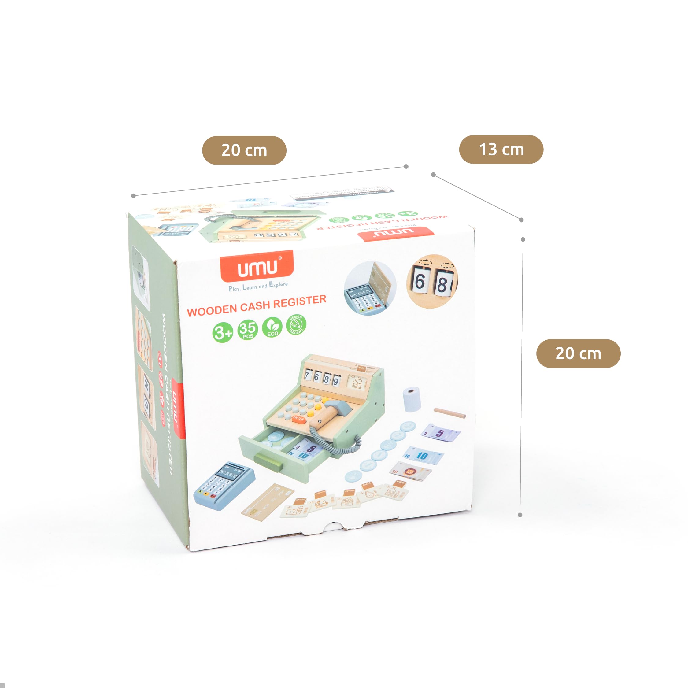 UMU® Wooden Cash Register for Kids - Includes Accessories (Scanner, Payment Terminal, Play Money, etc.), Role Play Shop & Accessories for Children Ages 3 4 5 6
