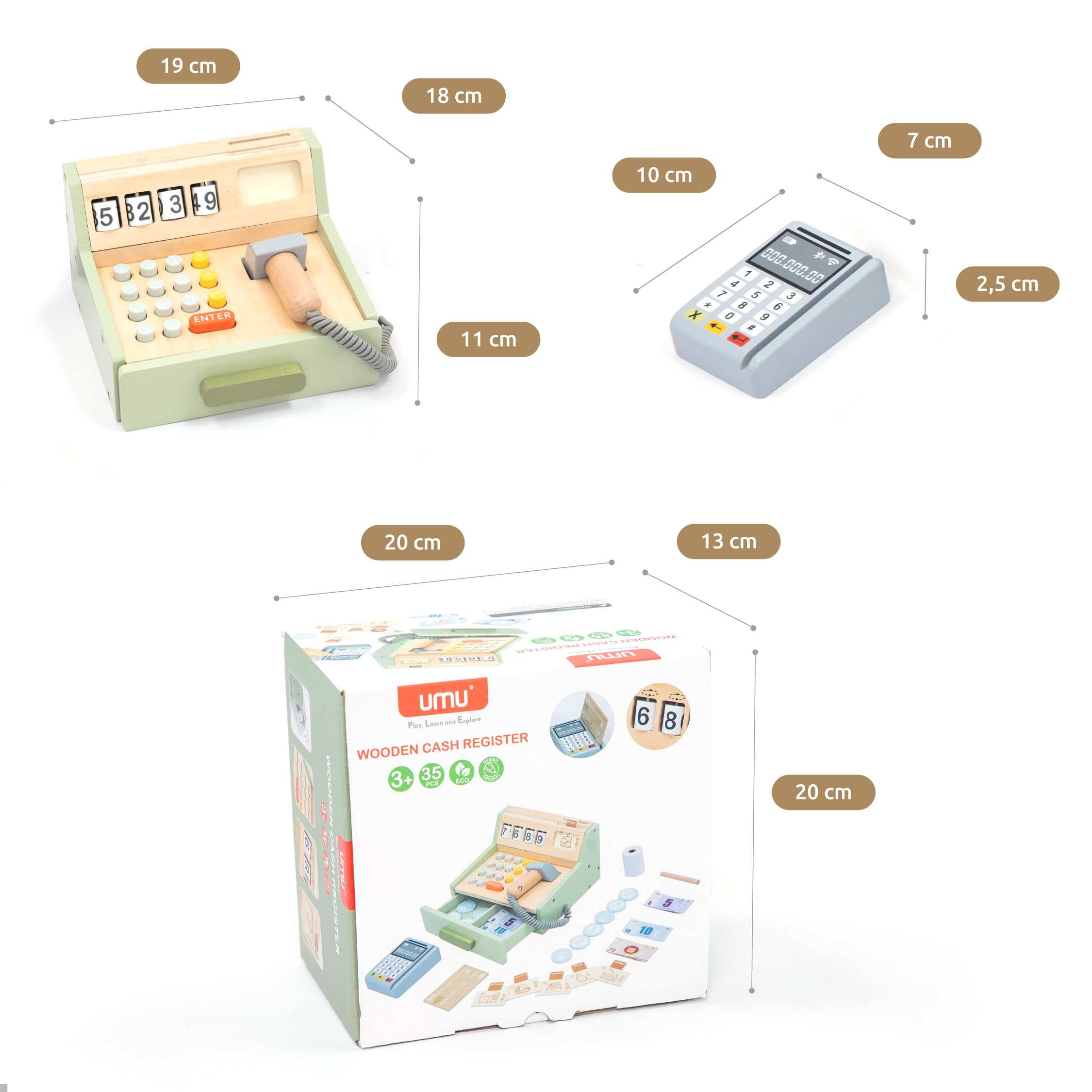 UMU® Wooden Cash Register for Kids - Includes Accessories (Scanner, Payment Terminal, Play Money, etc.), Role Play Shop & Accessories for Children Ages 3 4 5 6