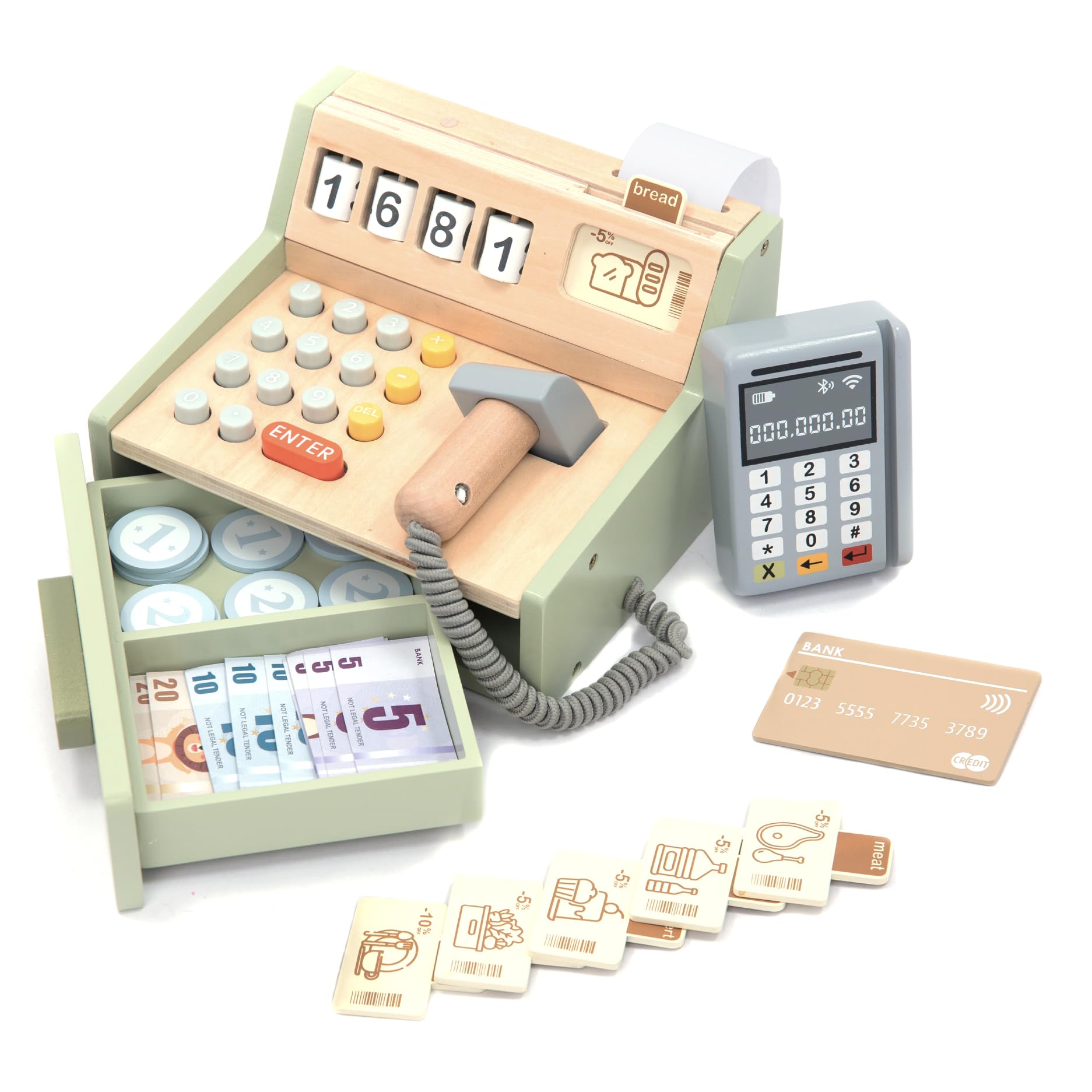UMU® Wooden Cash Register for Kids - Includes Accessories (Scanner, Payment Terminal, Play Money, etc.), Role Play Shop & Accessories for Children Ages 3 4 5 6