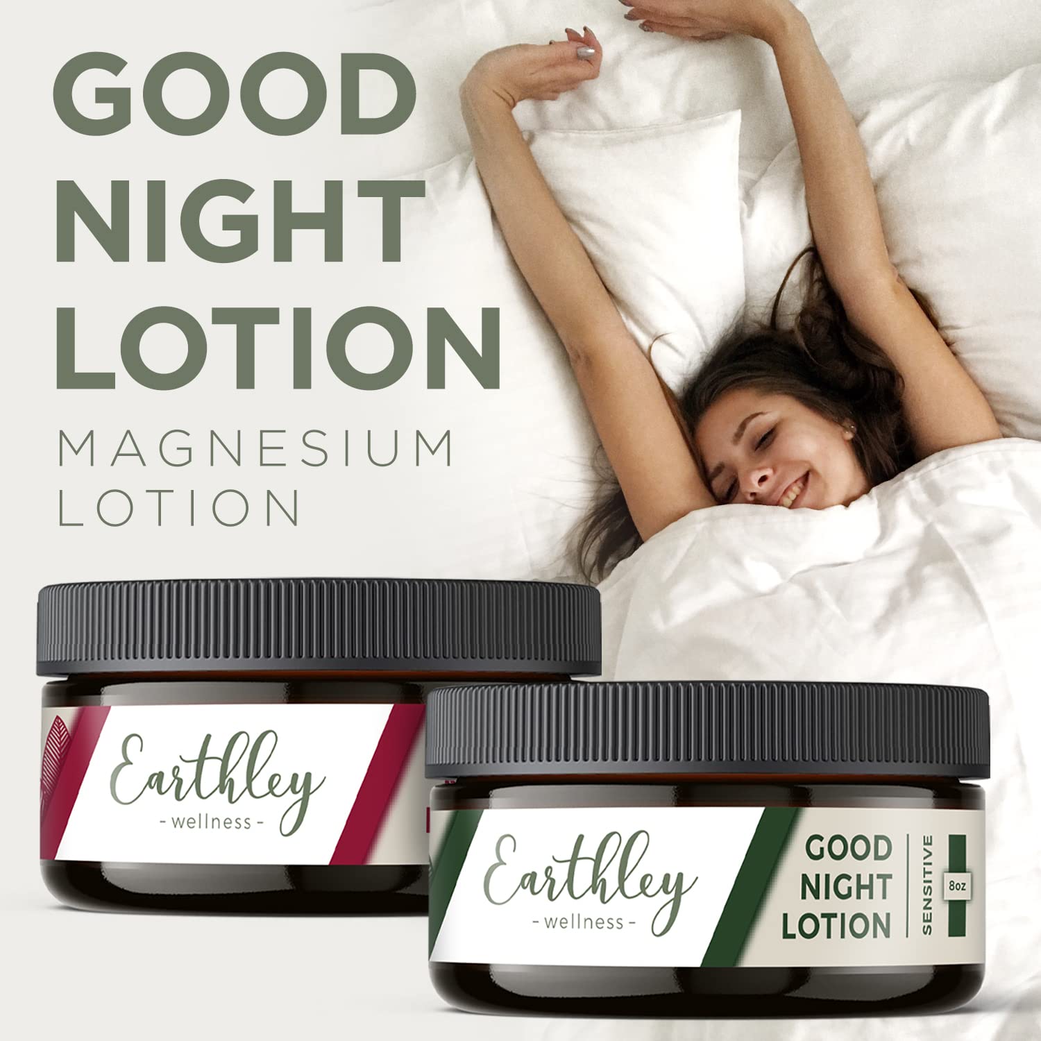 Earthley Wellness, Good Night Lotion, Magnesium Lotion, Apricot Oil, Shea Butter, Mango Butter, Candelilla Wax, Kokum Butter (6oz, Sensitive)