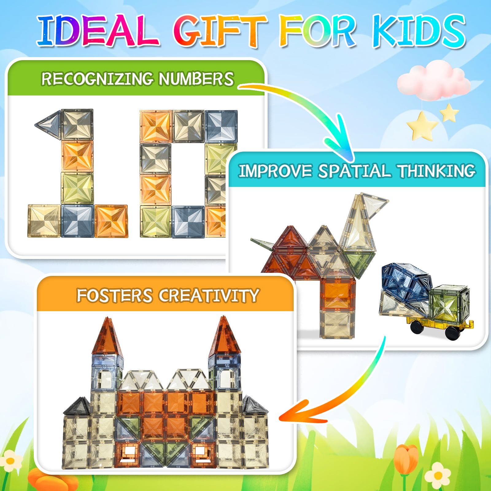 BOLORBT 100PCS Magnetic Tiles Montessori Toys Magnetic Blocks Kids Games STEM Classroom Educational Learning Sensory Magnet Natural Toy for Toddler Boys Girls 3+ Year Old with 2 Cars
