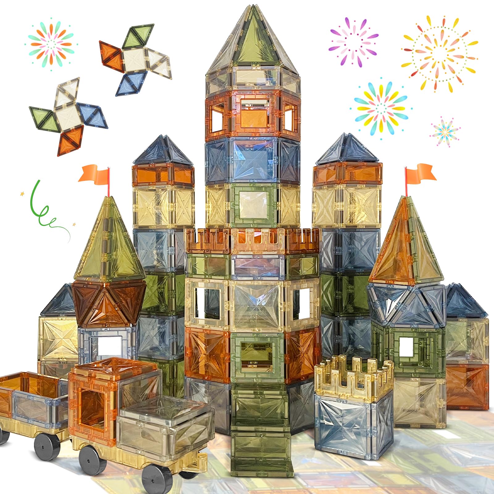 BOLORBT 100PCS Magnetic Tiles Montessori Toys Magnetic Blocks Kids Games STEM Classroom Educational Learning Sensory Magnet Natural Toy for Toddler Boys Girls 3+ Year Old with 2 Cars