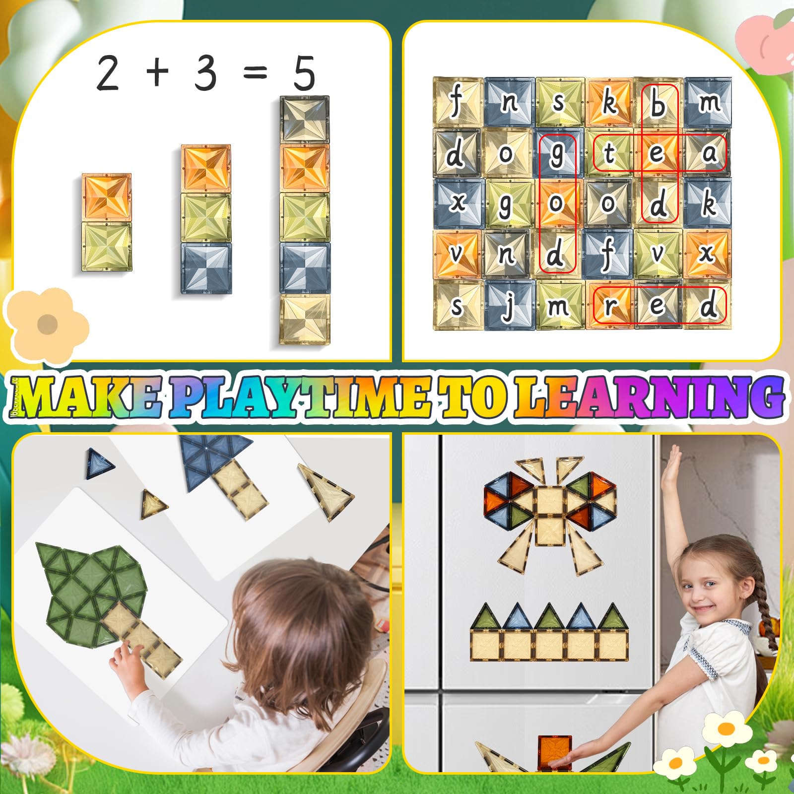 BOLORBT 100PCS Magnetic Tiles Montessori Toys Magnetic Blocks Kids Games STEM Classroom Educational Learning Sensory Magnet Natural Toy for Toddler Boys Girls 3+ Year Old with 2 Cars