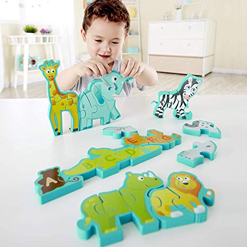 Wooden Animal Parade Building Blocks Alphabet Puzzle and Playset
